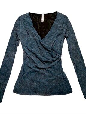 Lucy And Fiona Y2K blue paisley mesh long sleeve top with ruched detail